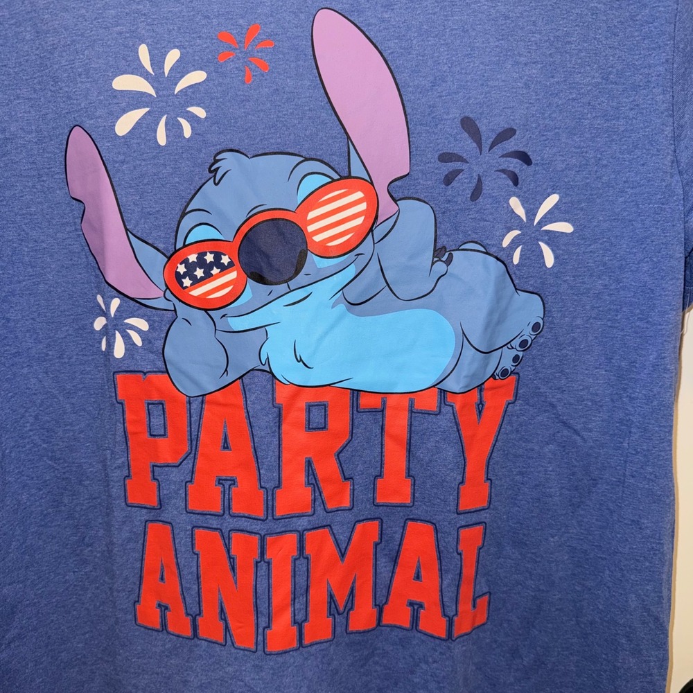 Disney Stitch Party Animal T Shirt Mens XL Patriotic USA Sunglasses Blue Tee